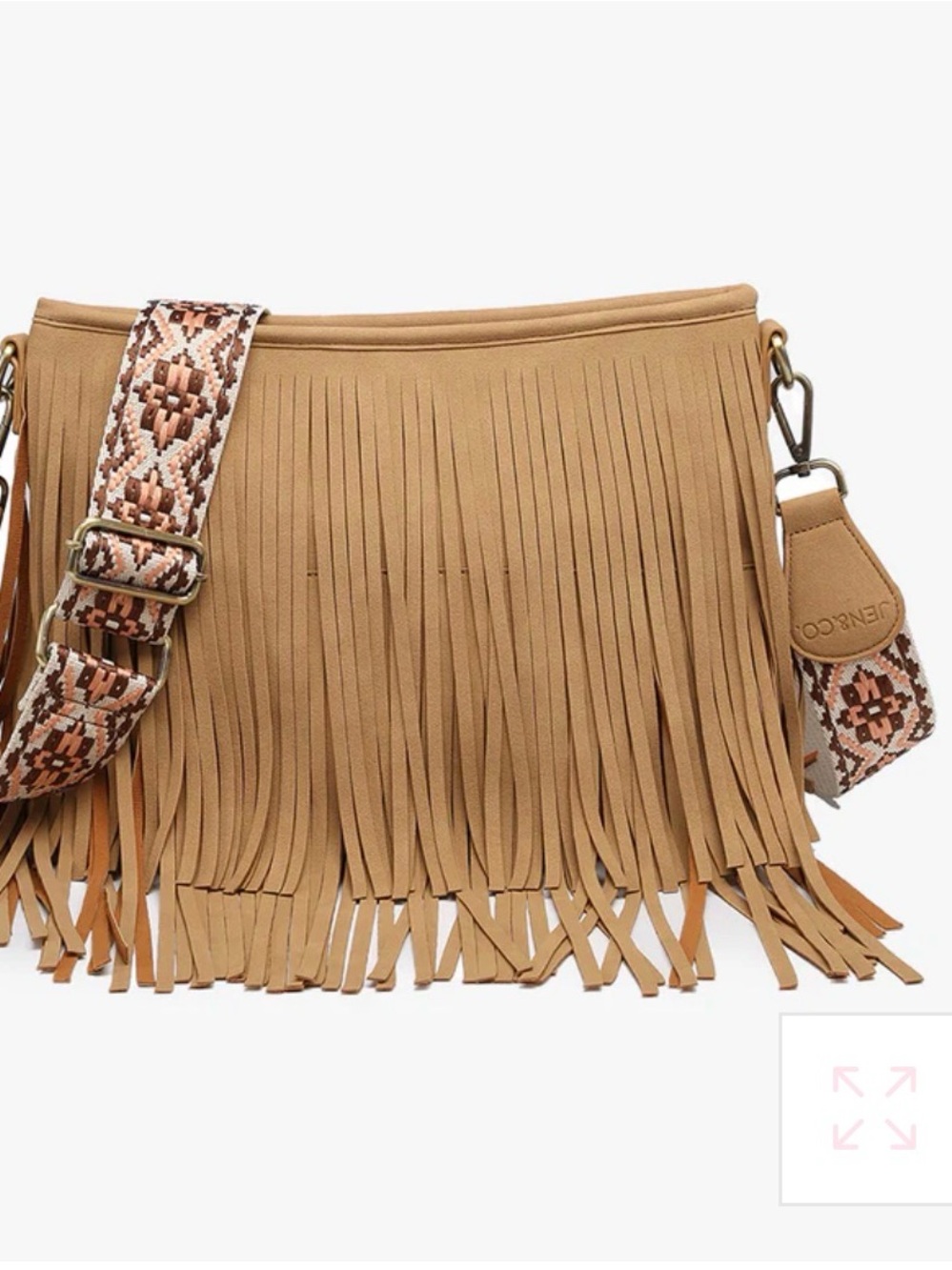 Fringe Crossbody Bag with Patterned Strap - Tan